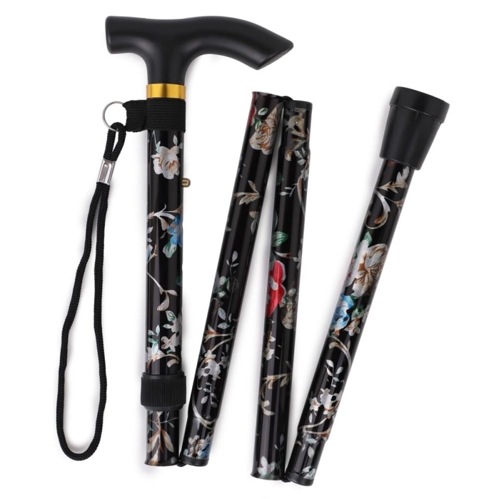 Comfkey Folding Lightweight Walking Stick - Adjustable Aluminum Metal Collapsible Travel Cane with Non-Slip Rubber Base (Black Floral)