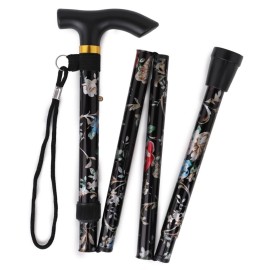 Comfkey Folding Lightweight Walking Stick - Adjustable Aluminum Metal Collapsible Travel Cane with Non-Slip Rubber Base (Black Floral)
