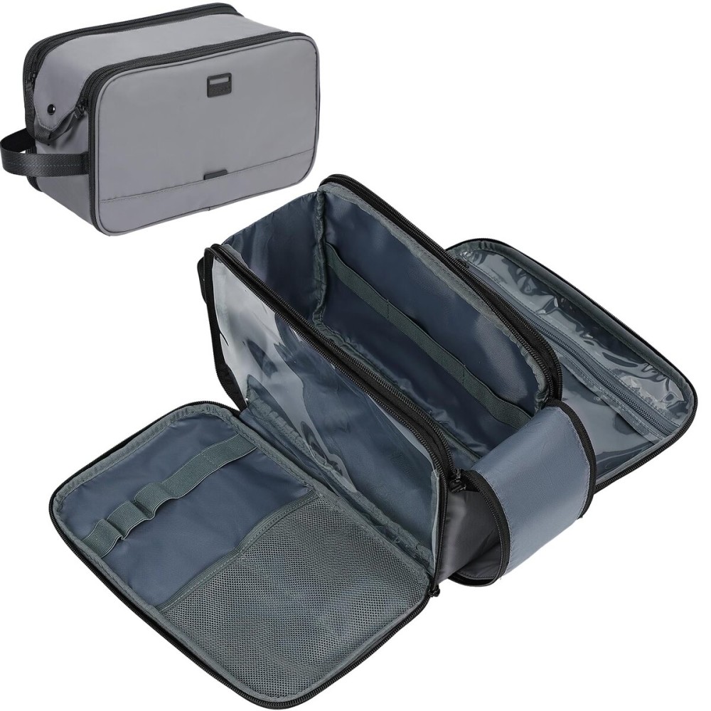 ZEEMO Travel Toiletry Bag for Men, Medium Water-Resistant Double-Sided Full-Open Dopp Kit, Versatile Organizer for Shower and Hygiene Accessories, Bathroom Essentials, Cosmetics, Large, Grey