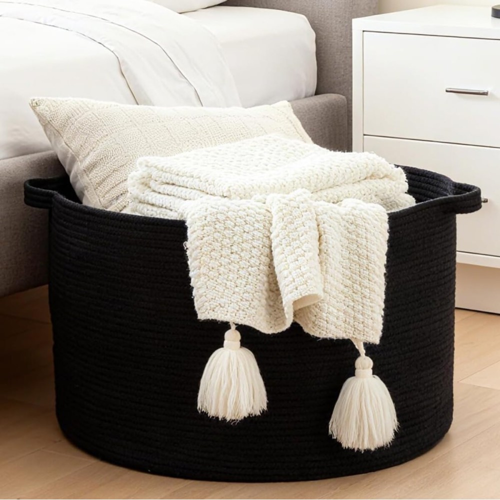 Luxury Little Extra Large Nursery Storage Basket, 22 x 22 x 14 inches - 100% Cotton Rope Baskets with Handles, Blanket Basket for Toys, Blankets & Pillows - Inner Black