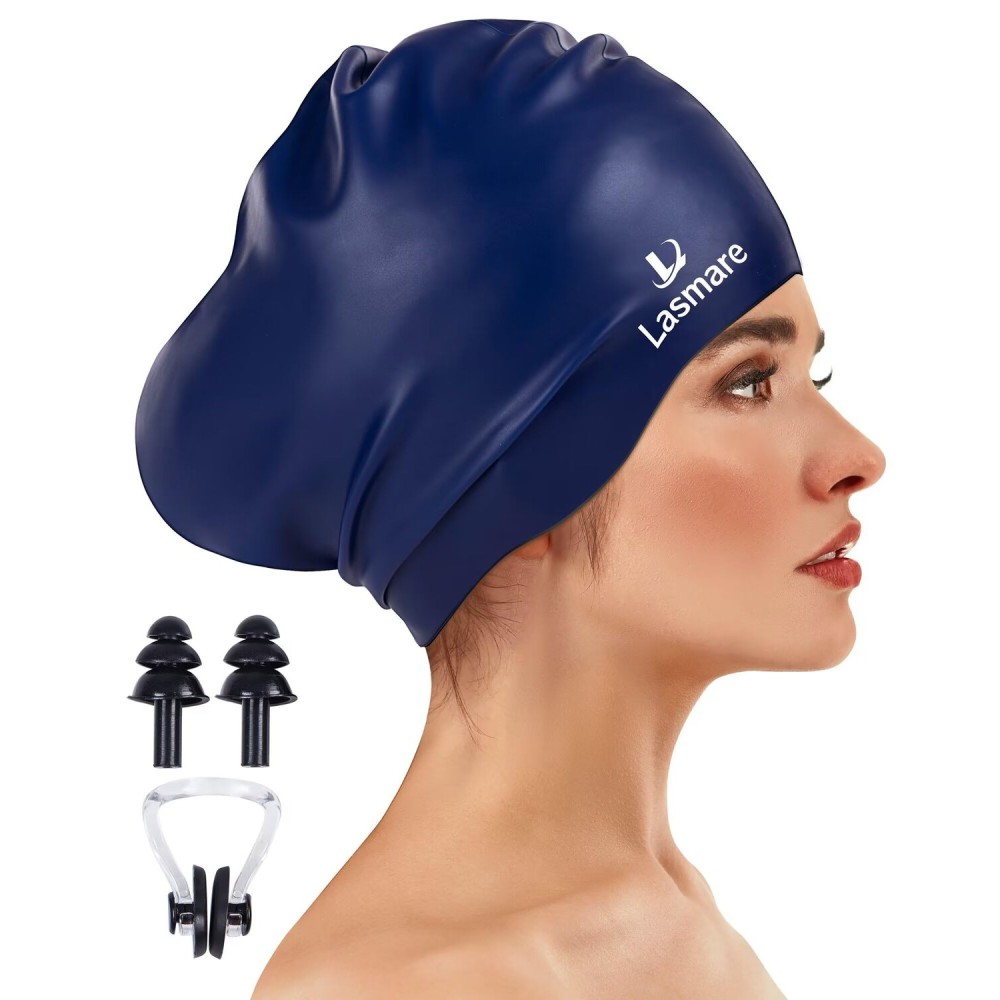 Large Long Hair Swim Cap with Extra Room for Women Men, Silicone Swimming Cap for Long Thick Hair with Ear Plugs Nose Clip Set, Adult Waterproof Swim Hats Bathing Caps to Keep Hair Dry(Navy)