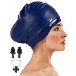 Large Long Hair Swim Cap with Extra Room for Women Men, Silicone Swimming Cap for Long Thick Hair with Ear Plugs Nose Clip Set, Adult Waterproof Swim Hats Bathing Caps to Keep Hair Dry(Navy)