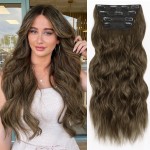ALXNAN Clip in Long Wavy Synthetic Hair Extension 24 Inch Light Chestnut Brown 4PCS Thick Hairpieces Fiber Double Weft Hair for Women