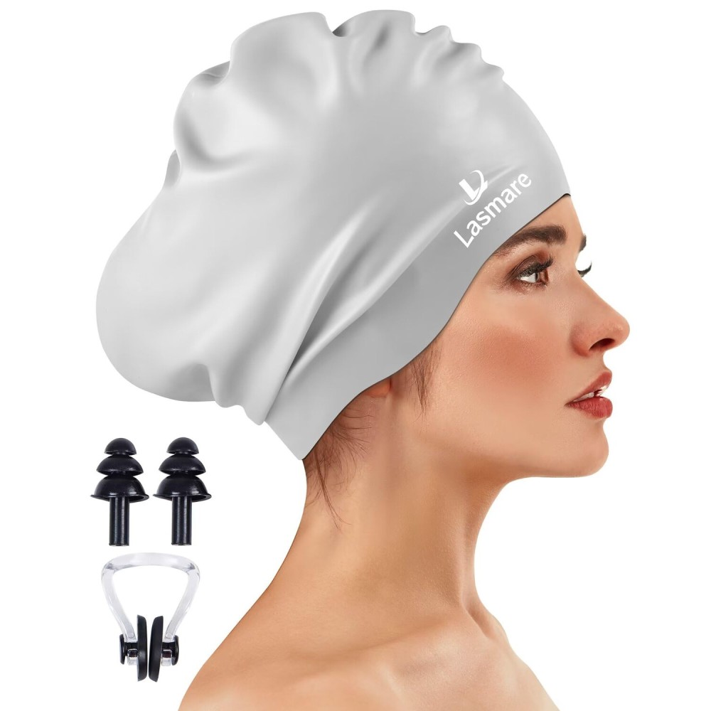 Large Long Hair Swim Cap with Extra Room for Women Men, Silicone Swimming Cap for Long Thick Hair with Ear Plugs Nose Clip Set, Adult Waterproof Swim Hats Bathing Caps to Keep Hair Dry(Grey)