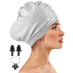 Large Long Hair Swim Cap with Extra Room for Women Men, Silicone Swimming Cap for Long Thick Hair with Ear Plugs Nose Clip Set, Adult Waterproof Swim Hats Bathing Caps to Keep Hair Dry(Grey)