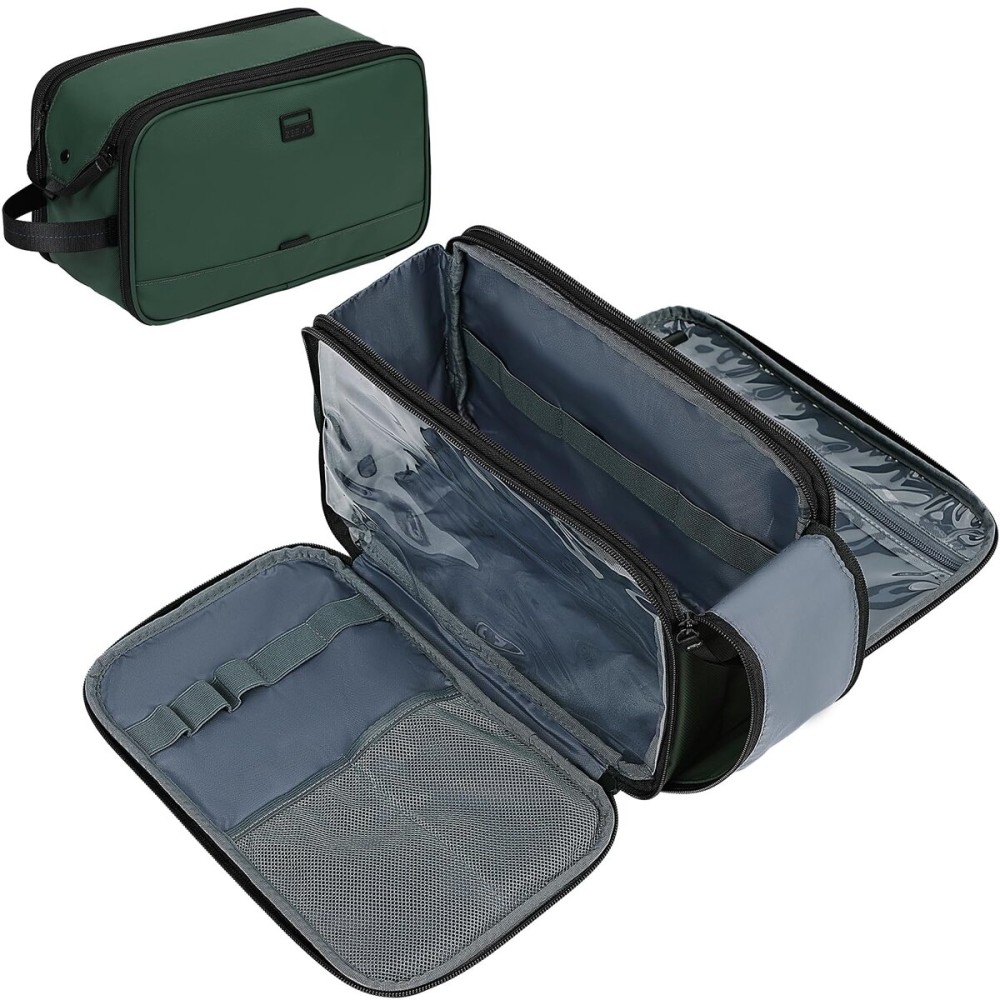 ZEEMO Travel Toiletry Bag for Men, Medium Water-Resistant Double-Sided Full-Open Dopp Kit, Versatile Organizer for Shower and Hygiene Accessories, Bathroom Essentials, Cosmetics, Large, Green