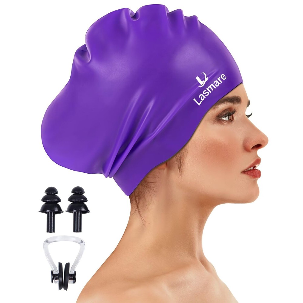 Large Long Hair Swim Cap with Extra Room for Women Men, Silicone Swimming Cap for Long Thick Hair with Ear Plugs Nose Clip Set, Adult Waterproof Swim Hats Bathing Caps to Keep Hair Dry(Purple)