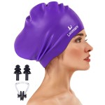 Large Long Hair Swim Cap with Extra Room for Women Men, Silicone Swimming Cap for Long Thick Hair with Ear Plugs Nose Clip Set, Adult Waterproof Swim Hats Bathing Caps to Keep Hair Dry(Purple)