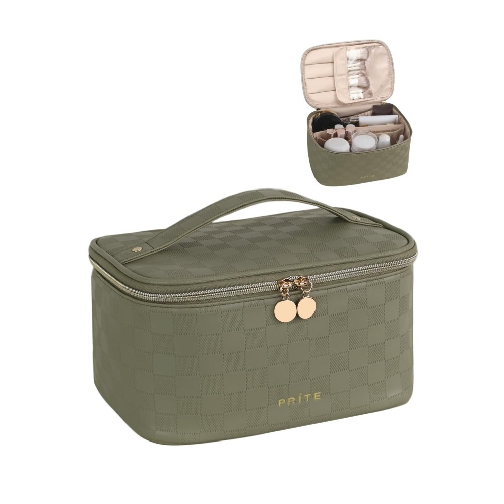 Prite Makeup Bag Portable Cosmetic Organizer with Brush Holder Waterproof Travel Toiletry Bag for Women with Handle and Divider (Checkered Green)