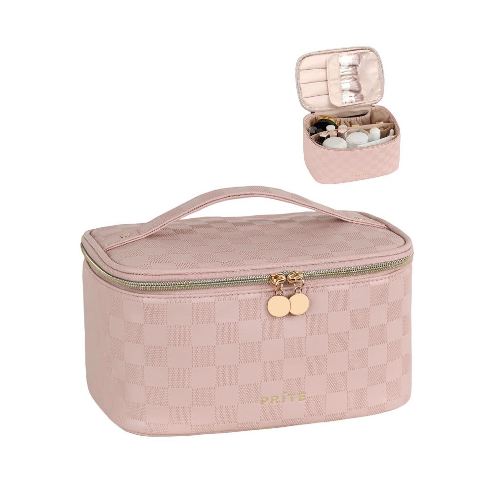 Prite Makeup Bag Portable Cosmetic Organizer with Brush Holder Waterproof Travel Toiletry Bag for Women with Handle and Divider (Checkered Pink)
