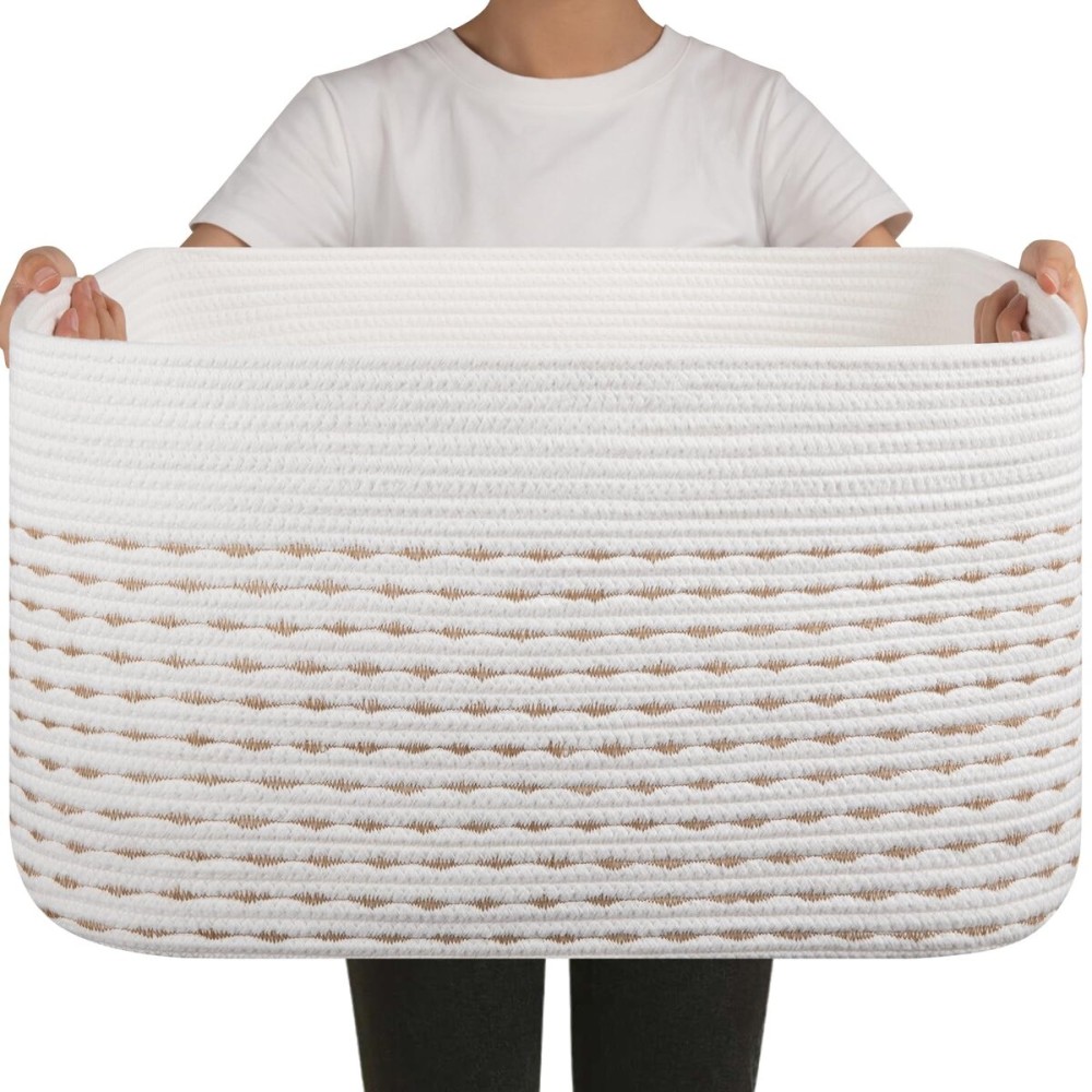 OIAHOMY 75L Blanket Basket, Woven Cotton Rope Basket for Organizing 22x17x12, Used for Living Room, Bedroom, Nursery, Light Yellow & White