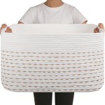OIAHOMY 75L Blanket Basket, Woven Cotton Rope Basket for Organizing 22x17x12, Used for Living Room, Bedroom, Nursery, Light Yellow & White