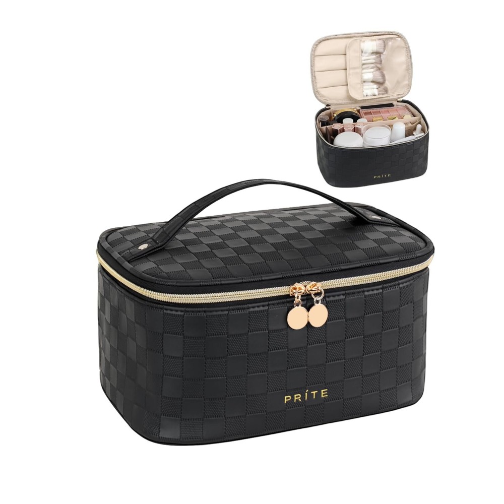 Prite Makeup Bag Portable Cosmetic Organizer with Brush Holder Waterproof Travel Toiletry Bag for Women with Handle and Divider (Checkered Black)