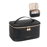 Prite Makeup Bag Portable Cosmetic Organizer with Brush Holder Waterproof Travel Toiletry Bag for Women with Handle and Divider (Checkered Black)