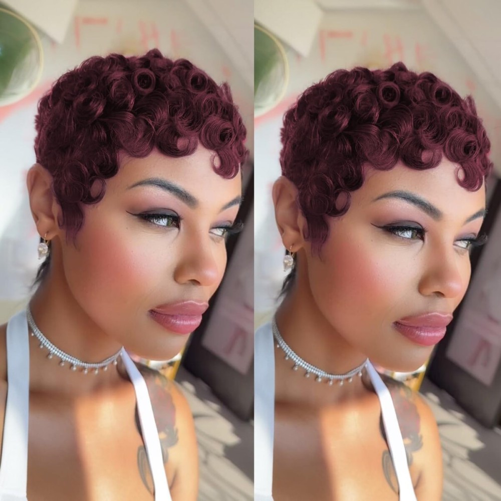 PangDongLai Pixie Cut Curly Human Hair Wigs for Black Women Short Layered Pixie Wigs With Bangs Dark 99j Color Summer Glueless Full Machine Made Short Curly Human Hair Wig