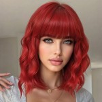 AISI HAIR Red Synthetic Wavy Curly Bob Wig with Bangs Short Wavy Hair for Women Synthetic Heat Resistant Bob Wigs