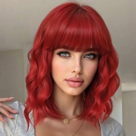 AISI HAIR Red Synthetic Wavy Curly Bob Wig with Bangs Short Wavy Hair for Women Synthetic Heat Resistant Bob Wigs