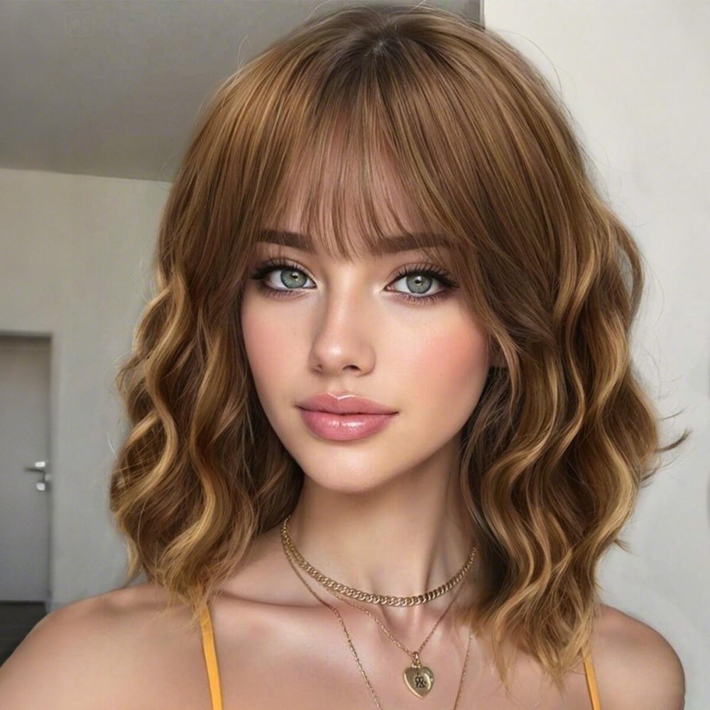 AISI HAIR Honey Blonde Mix Brown Synthetic Wavy Curly Bob Wig with Bangs Short Wavy Hair for Women Synthetic Heat Resistant Bob Wigs