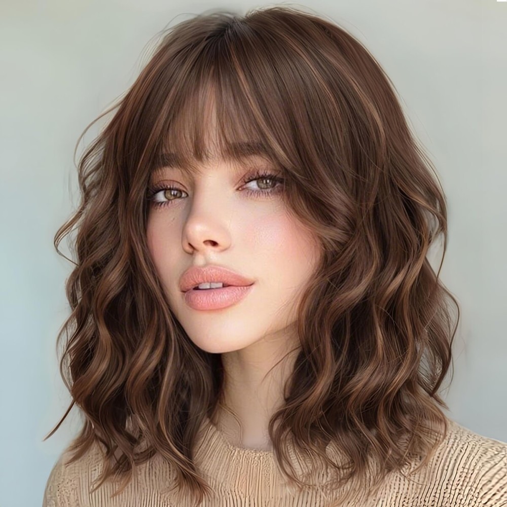 AISI HAIR Brown Mix Copper Synthetic Wavy Curly Bob Wig with Bangs Short Wavy Hair for Women Synthetic Heat Resistant Bob Wigs