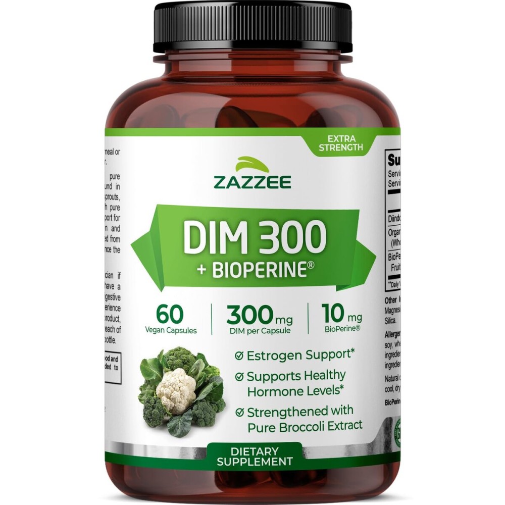 Zazzee DIM 300 mg Per Capsule, 60 Count, Plus 10 mg BioPerine, Estrogen Balance, Hormonal Acne, Menopause Support, Hormonal Balance, Diindolylmethane, Vegan, All-Natural, Non-GMO, Made in The USA