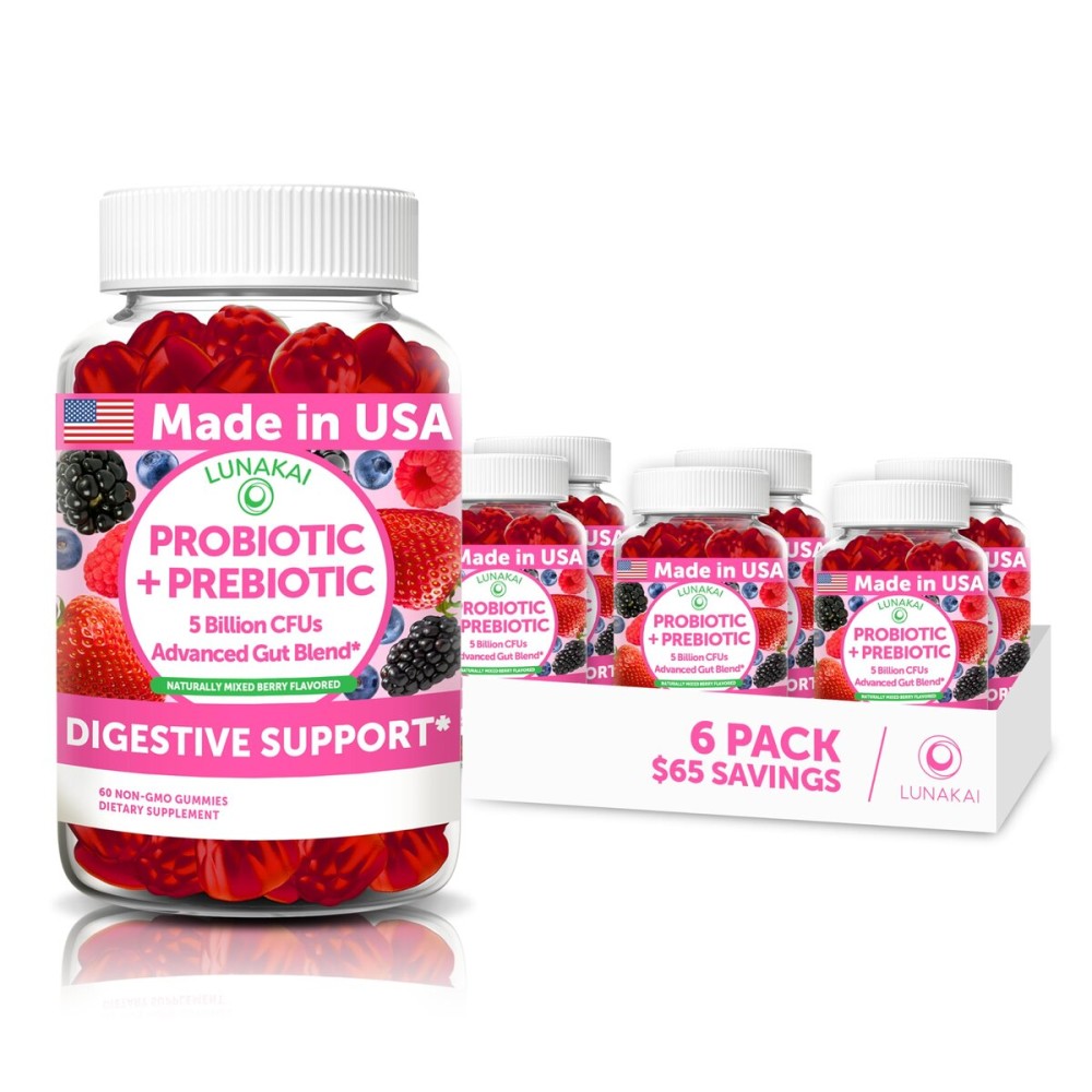 Lunakai USA Made Prebiotic + Probiotic Gummies for Women and Men - High Potency 5 Billion CFUs with Fibers - Non-GMO Gut Health Support - 6 Pack
