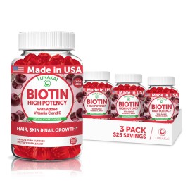 Lunakai USA Made Biotin Gummies 5000mcg with Vitamin C & E - Delicious Hair Skin Nails Vitamins for Women, Non-GMO, Hair Growth Supplement - 3 Pack