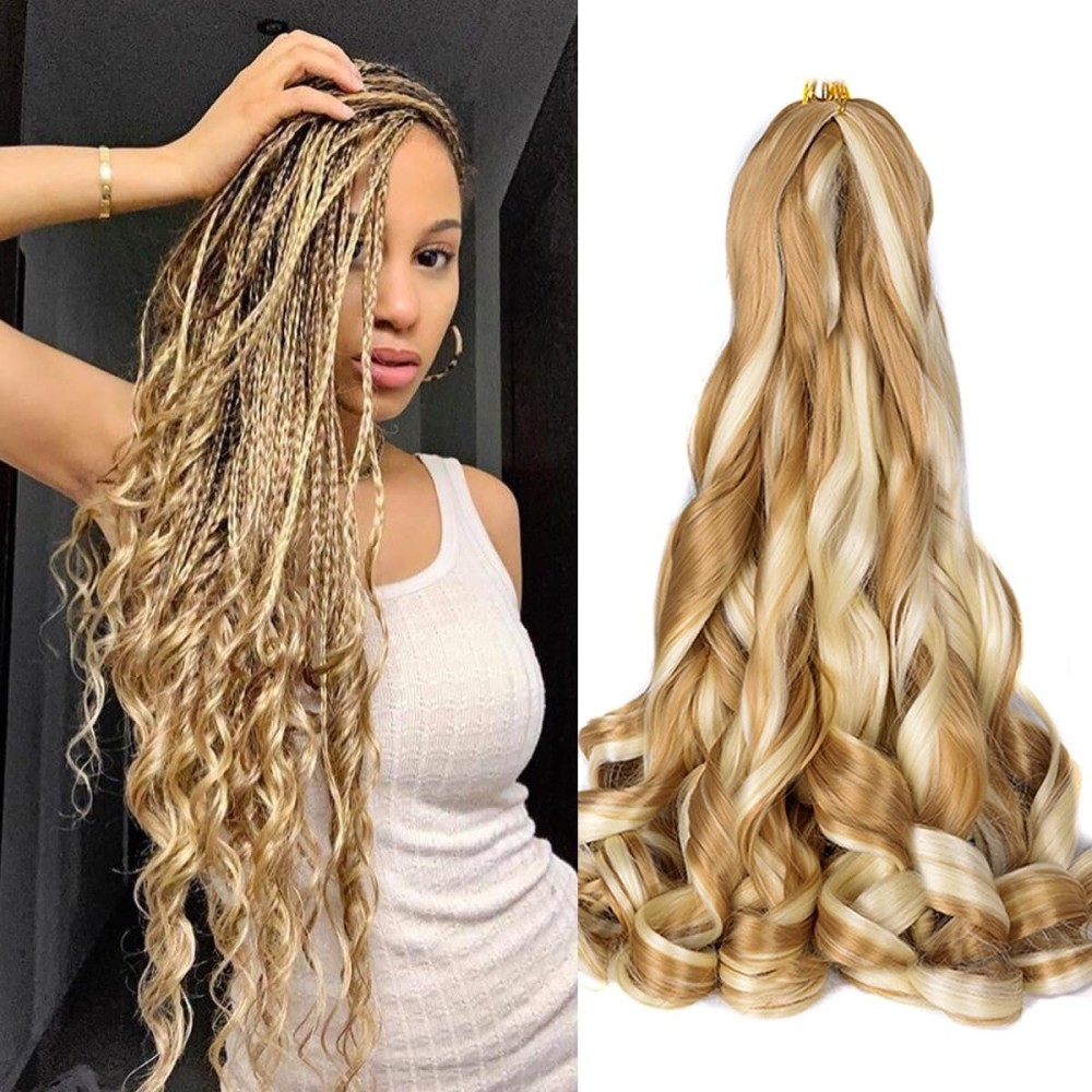 French Curly Braiding Hair 24 Inch P27/613 Soft Synthetic Braiding Hair Pre Stretched Loose Wave Bouncy Crochet Hair 75g/pack for Black Women Hair Extensions for Braids (24inch,2packs,P27/613)