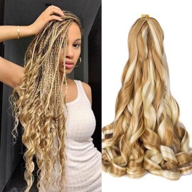 French Curly Braiding Hair 24 Inch P27/613 Soft Synthetic Braiding Hair Pre Stretched Loose Wave Bouncy Crochet Hair 75g/pack for Black Women Hair Extensions for Braids (24inch,2packs,P27/613)