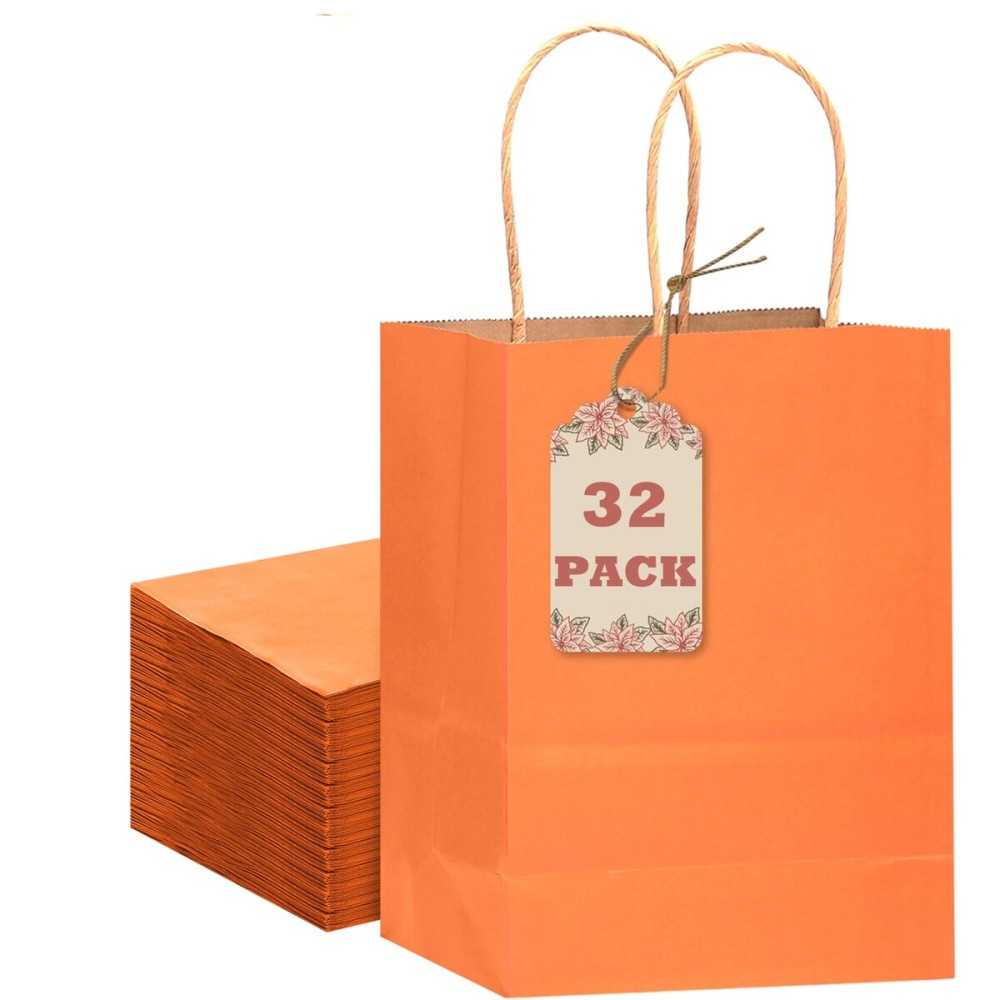 qiqee 32Pcs Small Size Orange Kraft Paper GIft Bags with Handles - 8.3x6x3.15 Kraft Small Party Bags