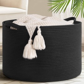 Goodpick Blanket Basket 19.7\'\' x 12.6\'\', Woven Storage Baskets, Cotton Rope Toy Storage for Kids, Home Decor for Living Room, 65L Black