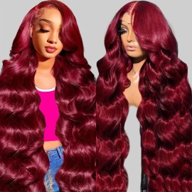 QZOQZO 99J Burgundy Lace Front Wigs Human Hair 13x6 HD Transparent Body Wave Lace Front Wigs Pre Plucked 99j Burgundy Red Wine Glueless Human Hair Wigs for Women Reddish Brown 180% Density 30 Inch
