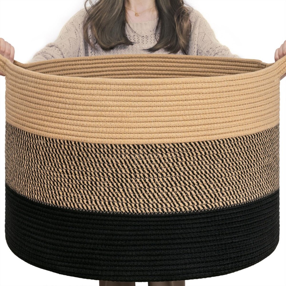 INDRESSME XXXLarge Cotton Rope Basket 21.7 x 21.7 x 13.8 Woven Baby laundry Blanket Basket for Living Room Decor, Toy Storage Baskets for Kids Boys Girls, Camel Mix & Black