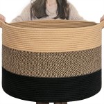INDRESSME XXXLarge Cotton Rope Basket 21.7 x 21.7 x 13.8 Woven Baby laundry Blanket Basket for Living Room Decor, Toy Storage Baskets for Kids Boys Girls, Camel Mix & Black