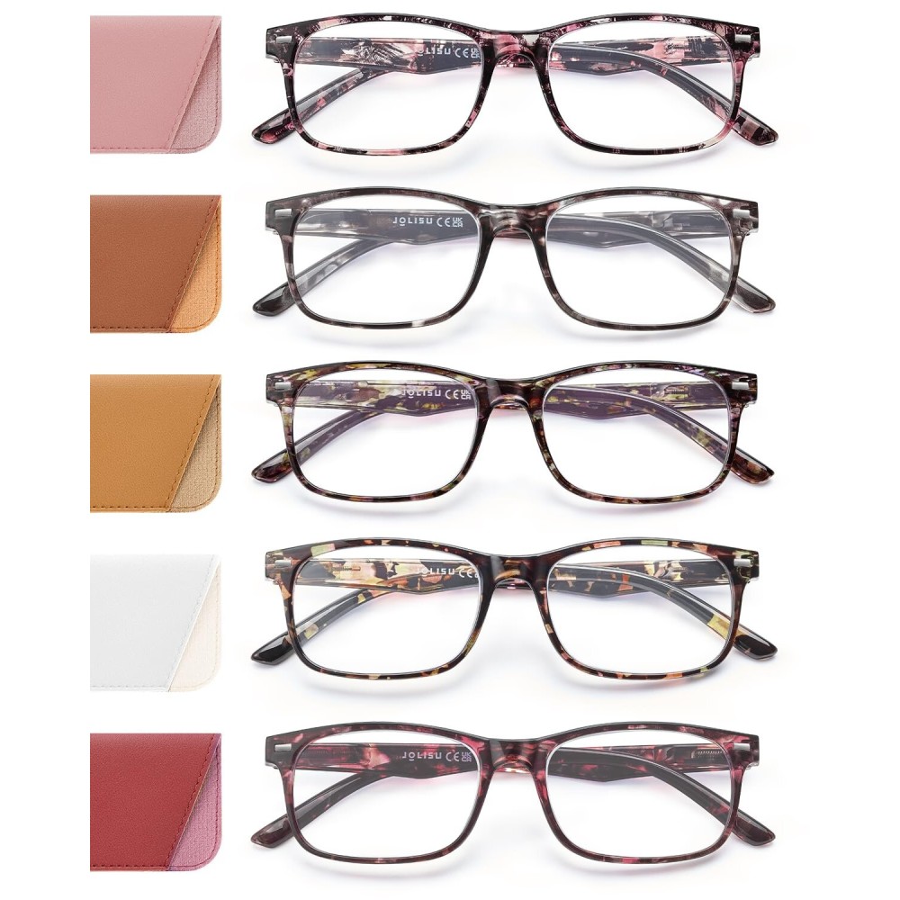 JOLISU 5 Pack Reading Glasses for Women, Spring Hinges Lightweight Readers Glasses,Blue Light Reading Glasses Anti Eyestrain (1.00)