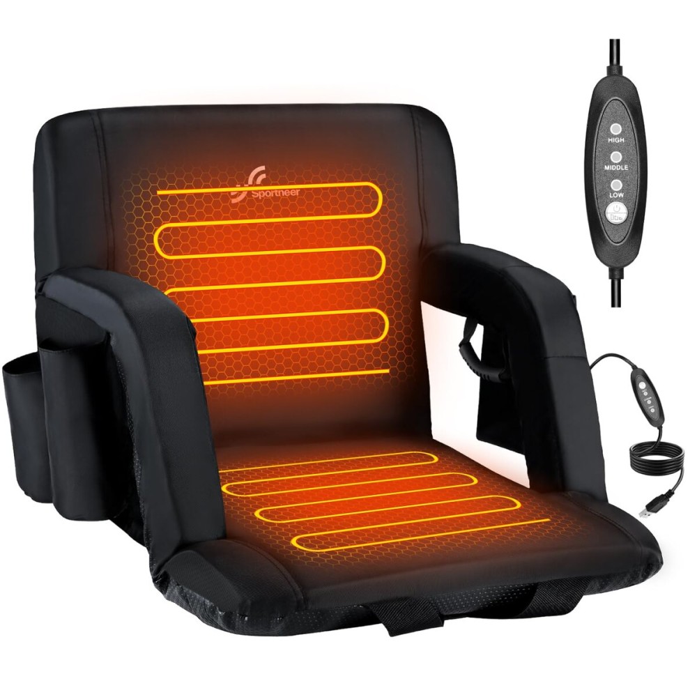 Sportneer Heated Stadium Seats for Bleachers: 3 Heated Modes 6 Reclining Positions Stadium Seats with Back Support for Sport Events Camping Parks Concerts