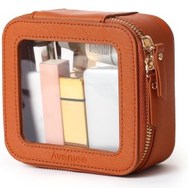 Aveniee Mini Clear Makeup Bag, Small Cosmetic Bags Travel Toiletry Pouch Organizer, TSA Approved Make up Case with Zipper, Car Bag for Essentials,Brown