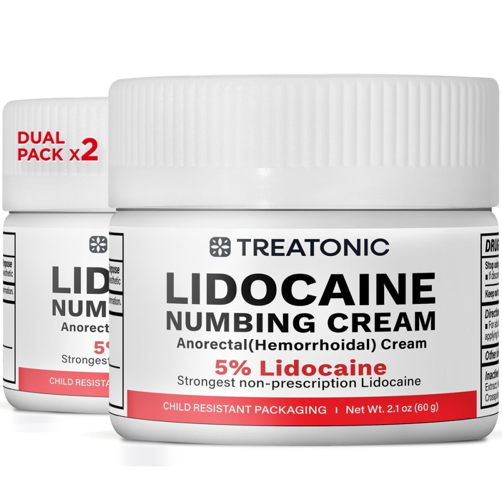 Treatonic 5% Lidocaine Numbing Cream: Lidocaine Cream Maximum Strength for Pain Relief, Itching, Burning, Soreness, Hemorrhoid - Fast Acting & Long Lasting Numbing Cream- 2.1 oz (2-Pack)