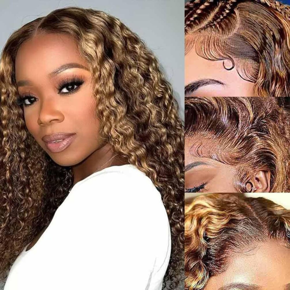 Highlight Lace Front Wig Human Hair 180 Density Brazilian Wet and Wavy Human Hair Wigs for Black Women Curly13x4 Lace Frontal Wig (P4/27 Highlight Color, 16 Inch)