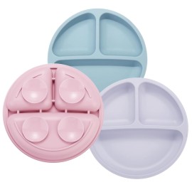 PandaEar 3 Pack Toddler Plates, Silicone Divided Suction Plate for Babies, BPA-Free 100% Food-Grade Silicone Unbreakable Baby Plate (Pink/Purple/Blue)