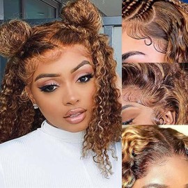 Highlight Lace Front Wig Human Hair 180 Density Brazilian Wet and Wavy Human Hair Wigs for Black Women Curly13x4 Lace Frontal Wig (P4/27 Highlight Color, 14 Inch)