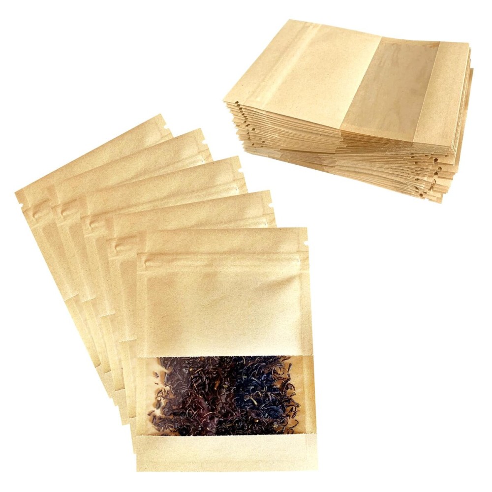 50Pack Small Resealable Coin Envelopes Bags with Clear Window Mini Brown Kraft Paper Heat Seal Airtight Packaging Bags Zipper Seal Resealable Heat Seal Pouch Coffee Packaging 3.54x5.1inch