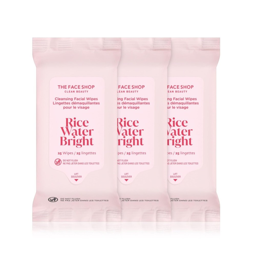 THE FACE SHOP X GLAMZILLA Rice Water Bright Cleansing Wipes On-the-Go Bundle for Face, Moisturizing, Infused with Rice Extract, Cleansing Facial Wipes, 25 Count (Pack of 3)