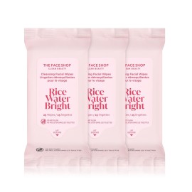 THE FACE SHOP X GLAMZILLA Rice Water Bright Cleansing Wipes On-the-Go Bundle for Face, Moisturizing, Infused with Rice Extract, Cleansing Facial Wipes, 25 Count (Pack of 3)