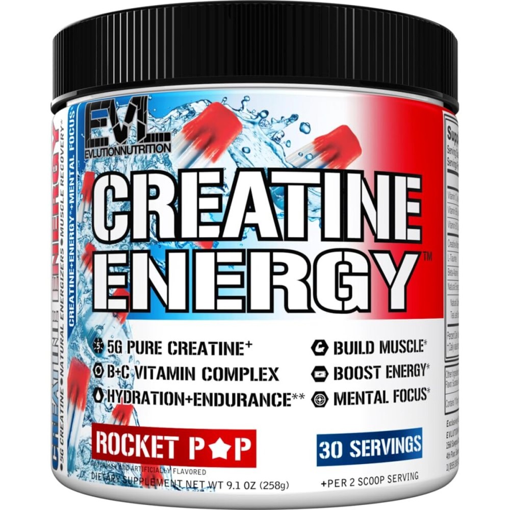 Evlution Nutrition Creatine Energy - Supports Muscle Growth, Boosts Energy, Endurance & Cognition - 5g Pure Creatine Monohydrate Per Serving - B + C Vitamin Complex - 30 Servings - Rocket Pop