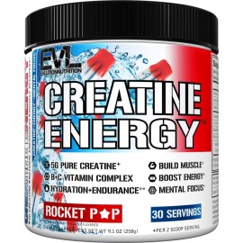 Evlution Nutrition Creatine Energy - Supports Muscle Growth, Boosts Energy, Endurance & Cognition - 5g Pure Creatine Monohydrate Per Serving - B + C Vitamin Complex - 30 Servings - Rocket Pop