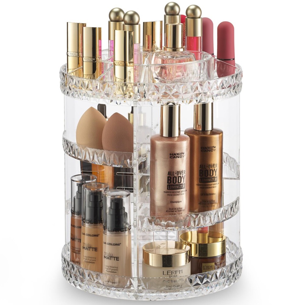 360 Rotating Makeup Organizer Diamond Design - Adjustable Shelf Height and Fully Rotatable - The Perfect Round Spinning Cosmetic Organizer for Bedroom Dresser or Vanity Countertop Storage (Clear)