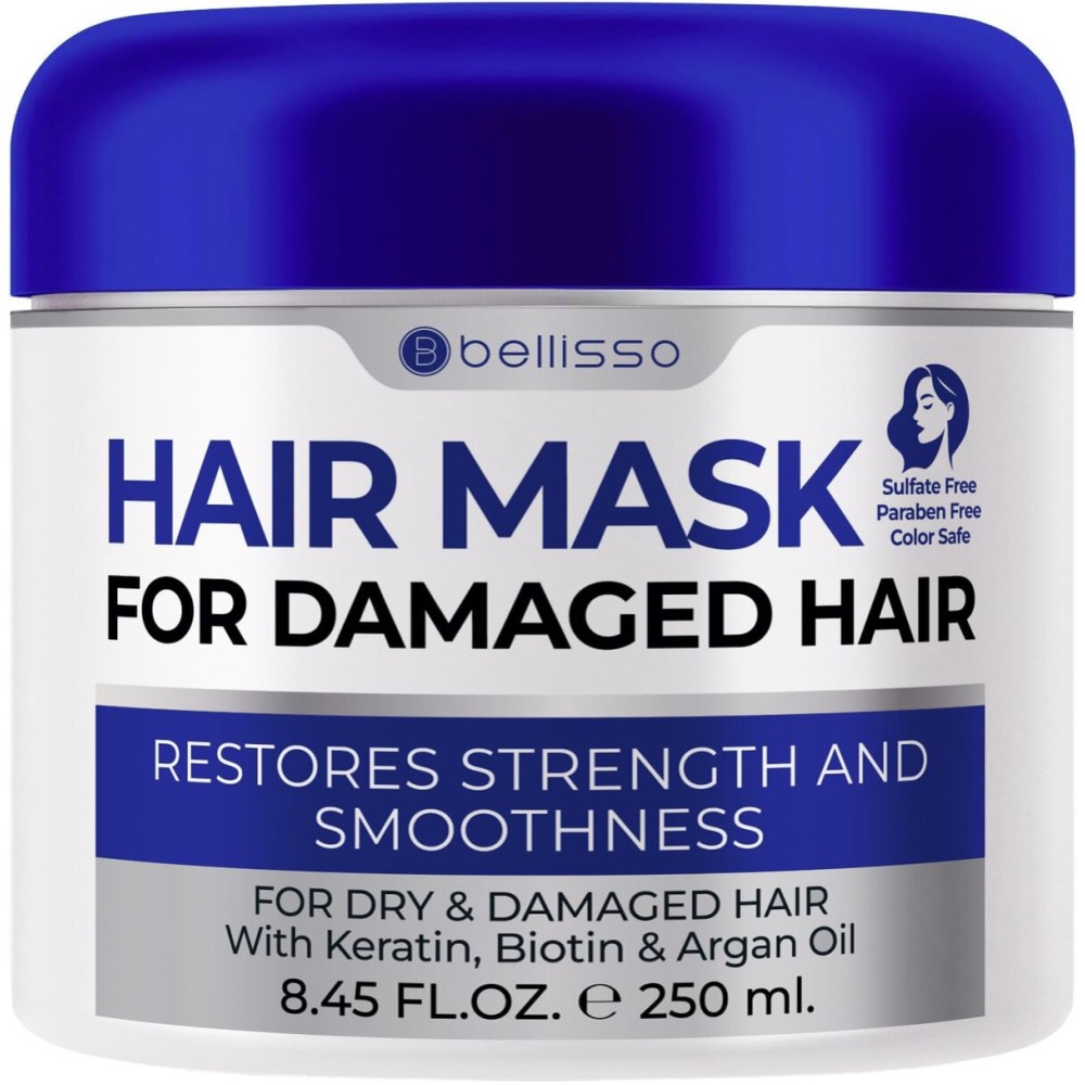 BELLISSO Hair Mask for Damaged Hair - Deep Conditioning and Moisturizing Repair Treatment for Dry Split Ends and Breakage - Hydrating Moisturizer Products for Women and Men - 8.45 Fl Oz