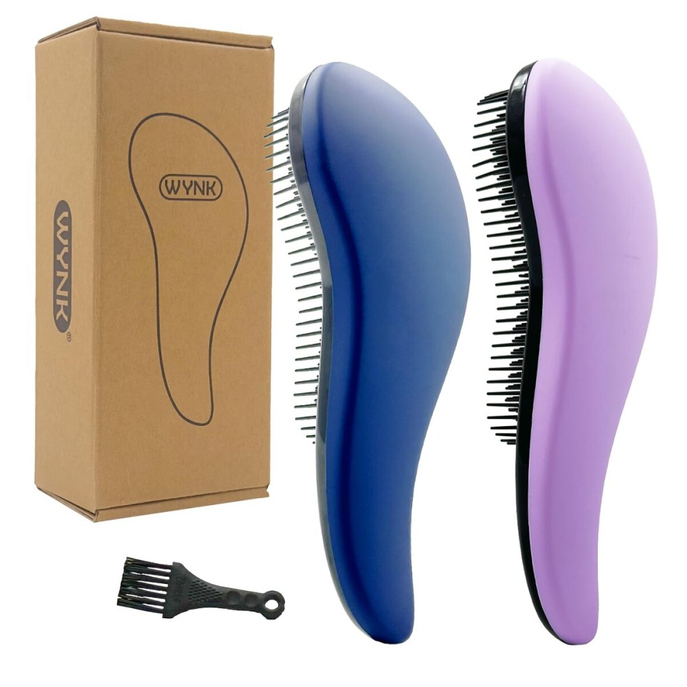 WYNK Detangling Brush 2-Pack - Soft Bristle Hairbrush Set (Prussian Blue & Lilac) for Adults & Kids, Gentle Knot Remover for Curly/Straight/Wet Hair