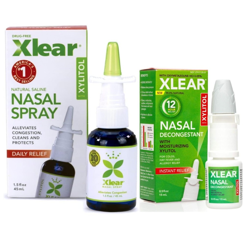 Xlear Natural Xylitol Nasal Spray, Regular and Travel Size 12-Hour Nasal Decongestant Bundle, 1.5 fl oz & 0.5 fl oz (Pack of 2)