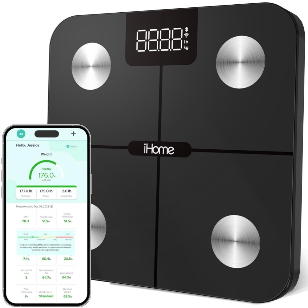 iHome Digital WiFi Smart Scale for Body Weight, Weight Scale, Including BMI, Body Fat, Muscle Mass, Batteries Included (Black Smart WiFi)